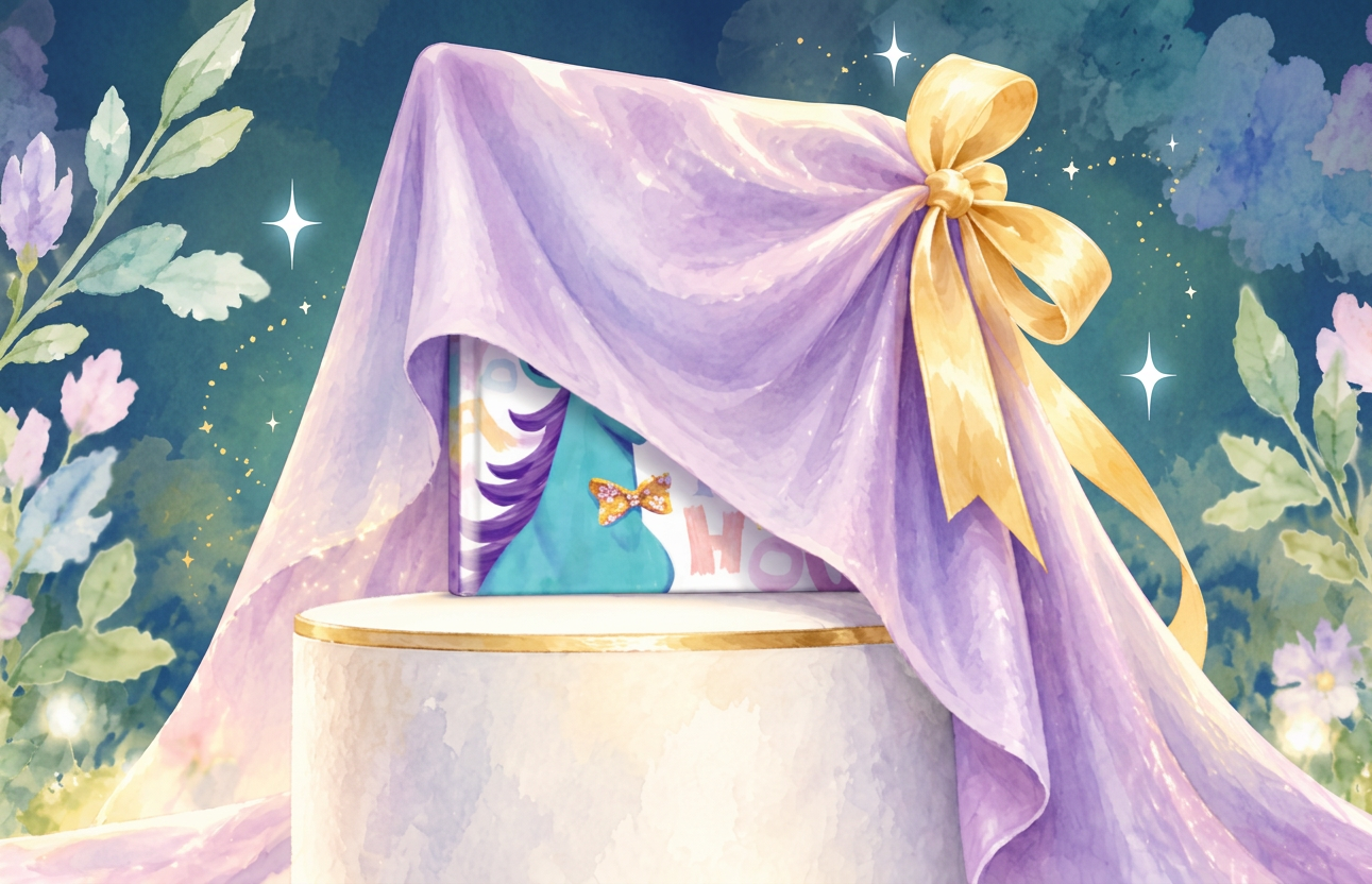 Illustrated teaser for the seventh Vail’s Tales children’s book, The Laughing Horse, featuring a mystery book covered in purple fabric with a gold bow, celebrating Vail Johnson’s legacy of storytelling and childhood literacy through Friends of Vail Foundation.