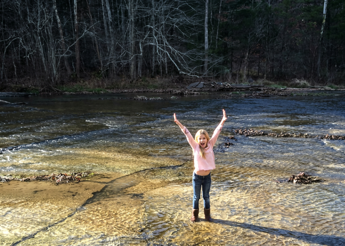 Young girl in a pink shirt, jeans, and boots stands in a shallow creek with her arms raised, surrounded by flowing water and a wooded landscape. A joyful childhood moment celebrating adventure, imagination, and the beauty of nature.